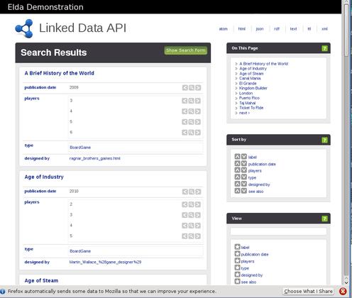 Screenshot showing demo dataset in Elda